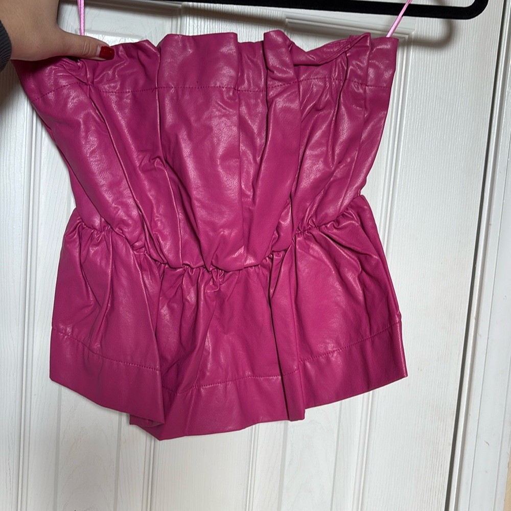 Hot pink strapless pleather top